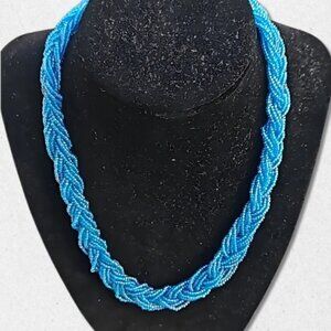 Vintage Seed Beads Necklace Braided Design Spring Ring Clasp Iridescent Blue OS